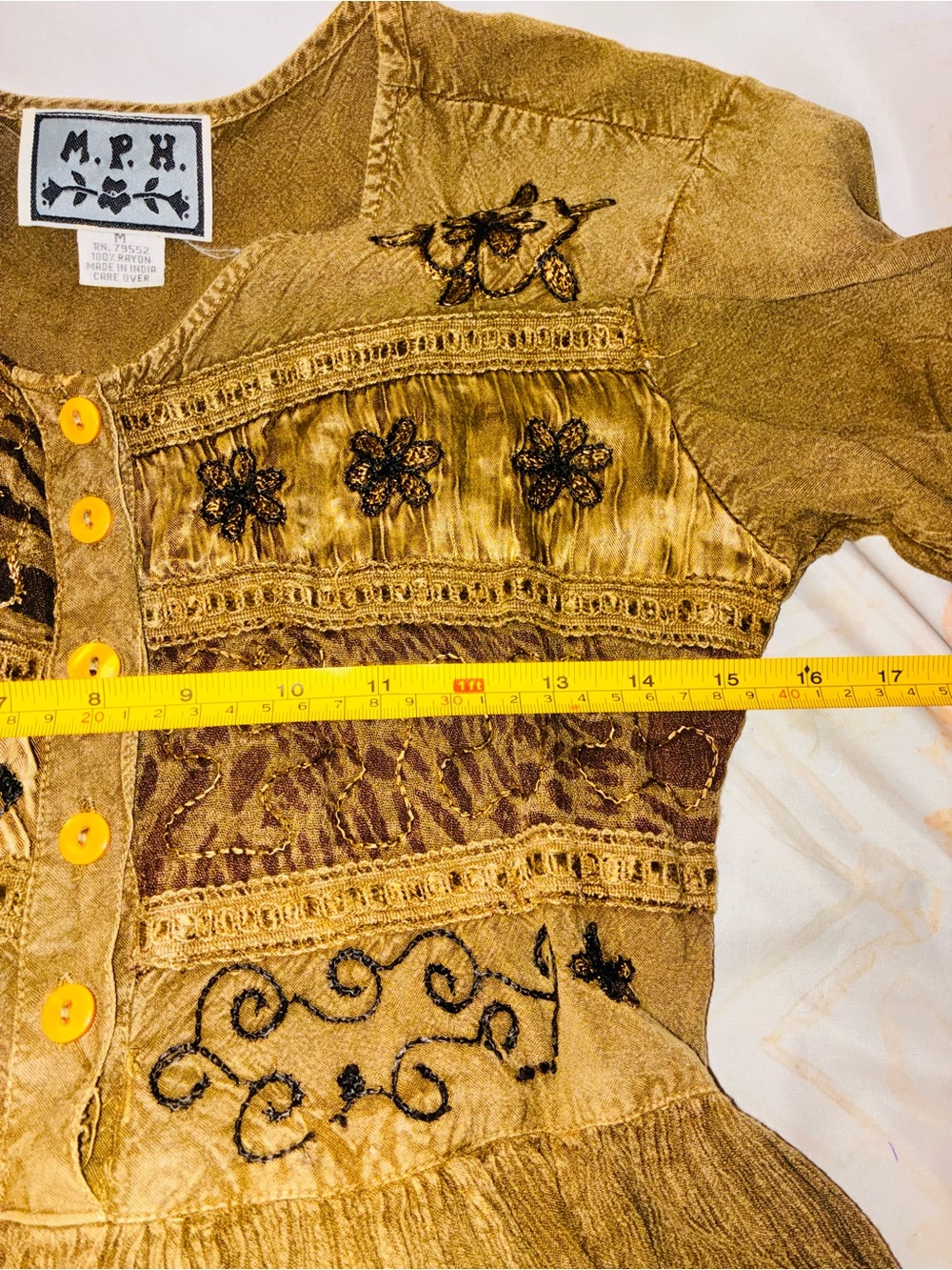 M.P.H. Vintage Women’s Olive Green/Brown Embroidered Boho Dress - Picture 7 of 8